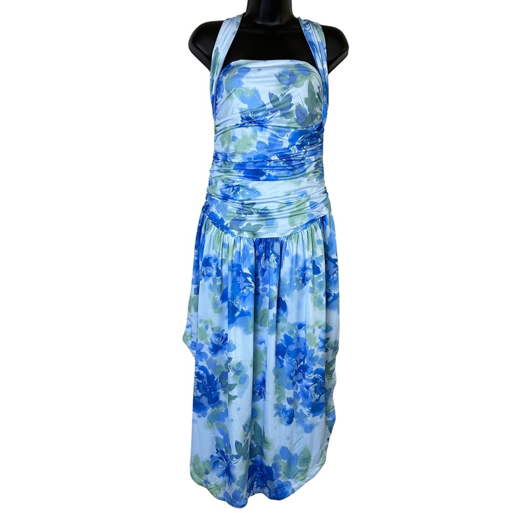 Free People Raylon Midi Dress Blue Floral Ruched Convertible Halter OB2143909 S - Picture 2 of 14